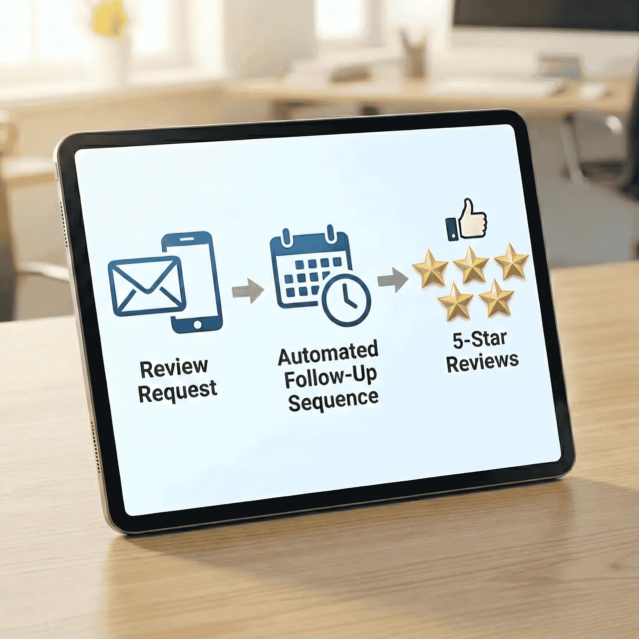 A tablet showing an automated review request sequence