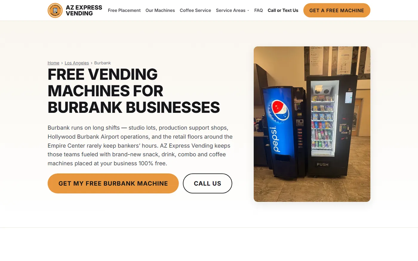 Vending machine local SEO in practice: the Burbank city page from the AZ Express Vending website
