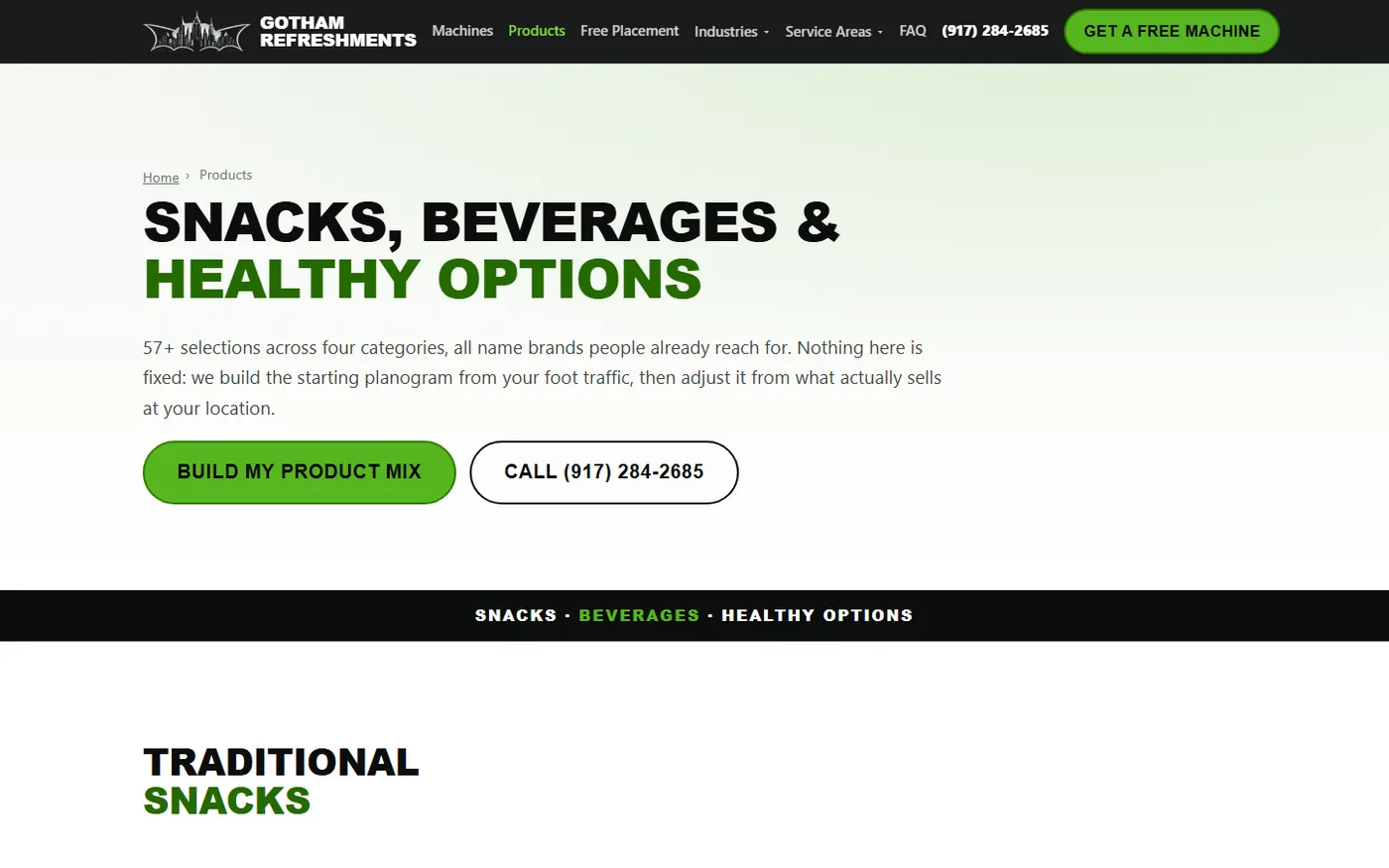 The 57-product catalog page on the Gotham Refreshments vending machine website
